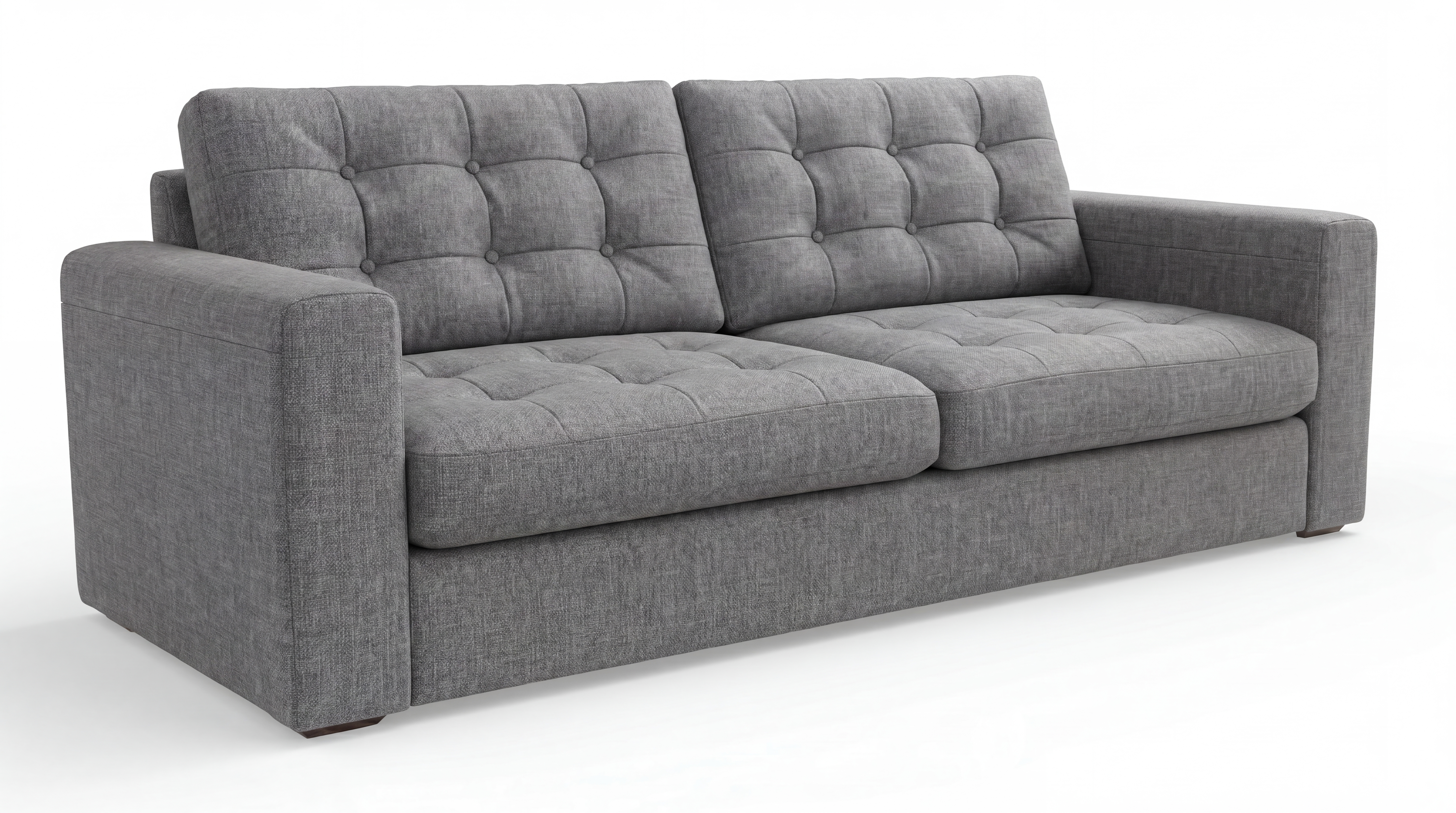 AI-modified grey tufted sofa product photograph