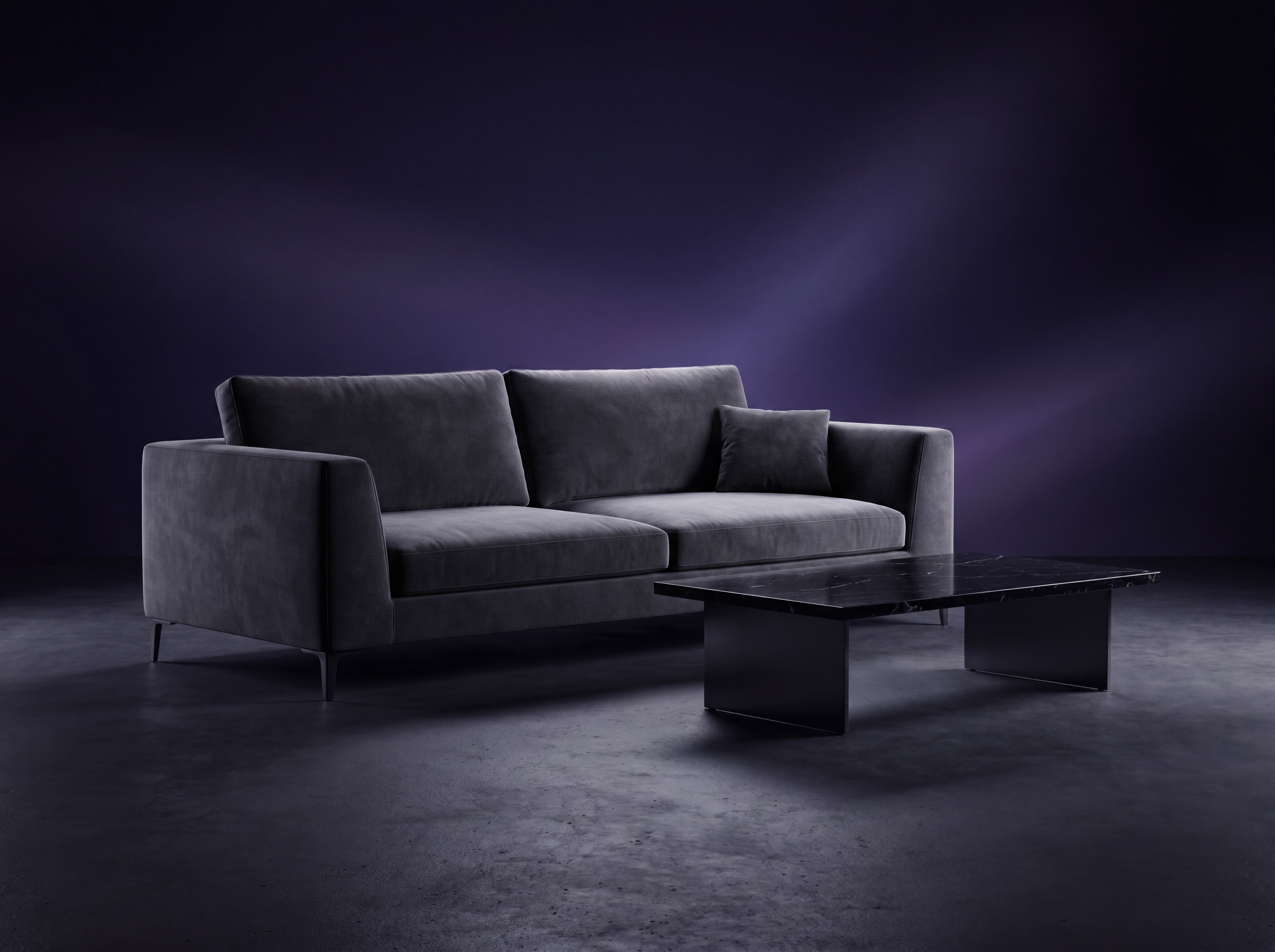 Dark velvet sofa with marble table in moody studio