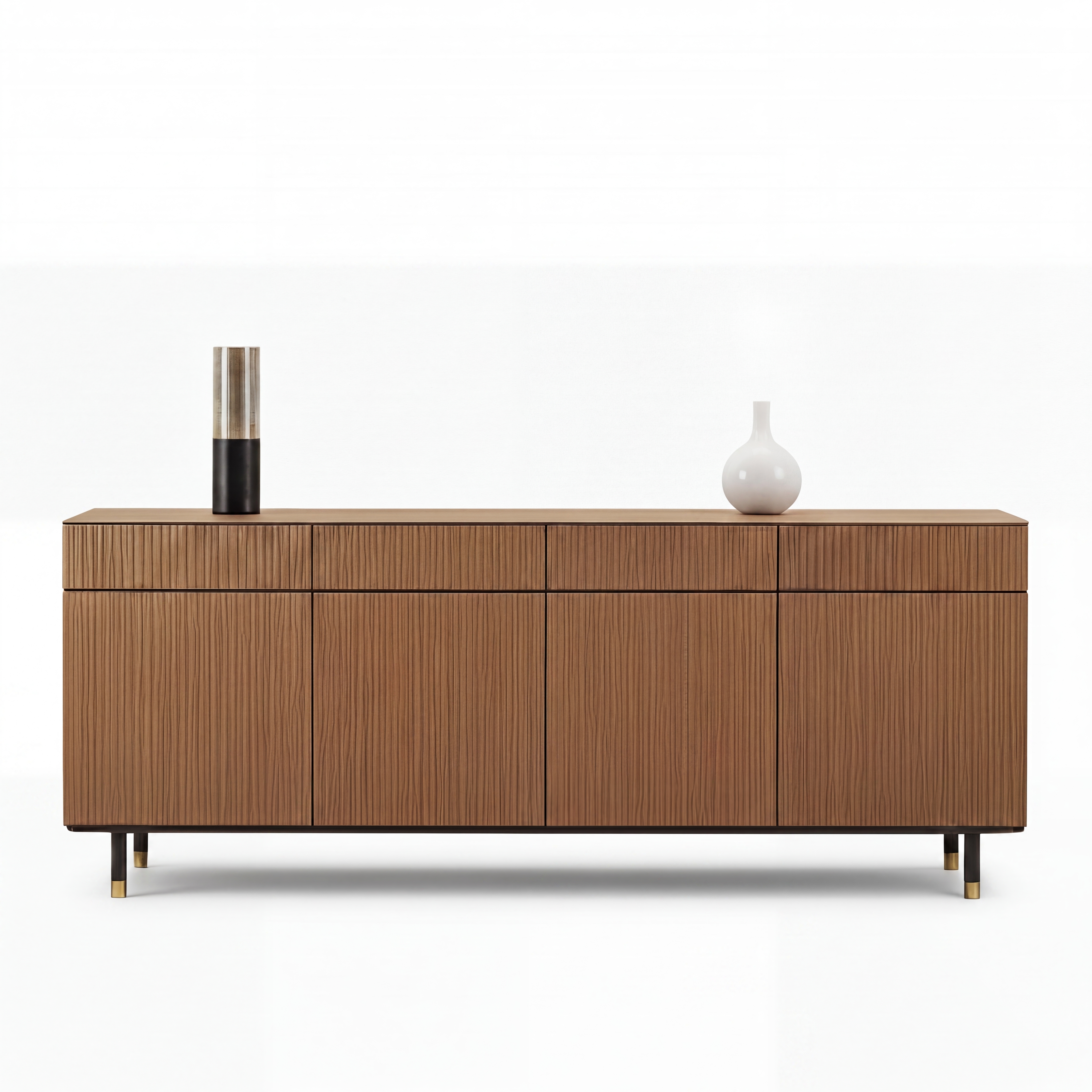 Ribbed oak sideboard with ceramic vases